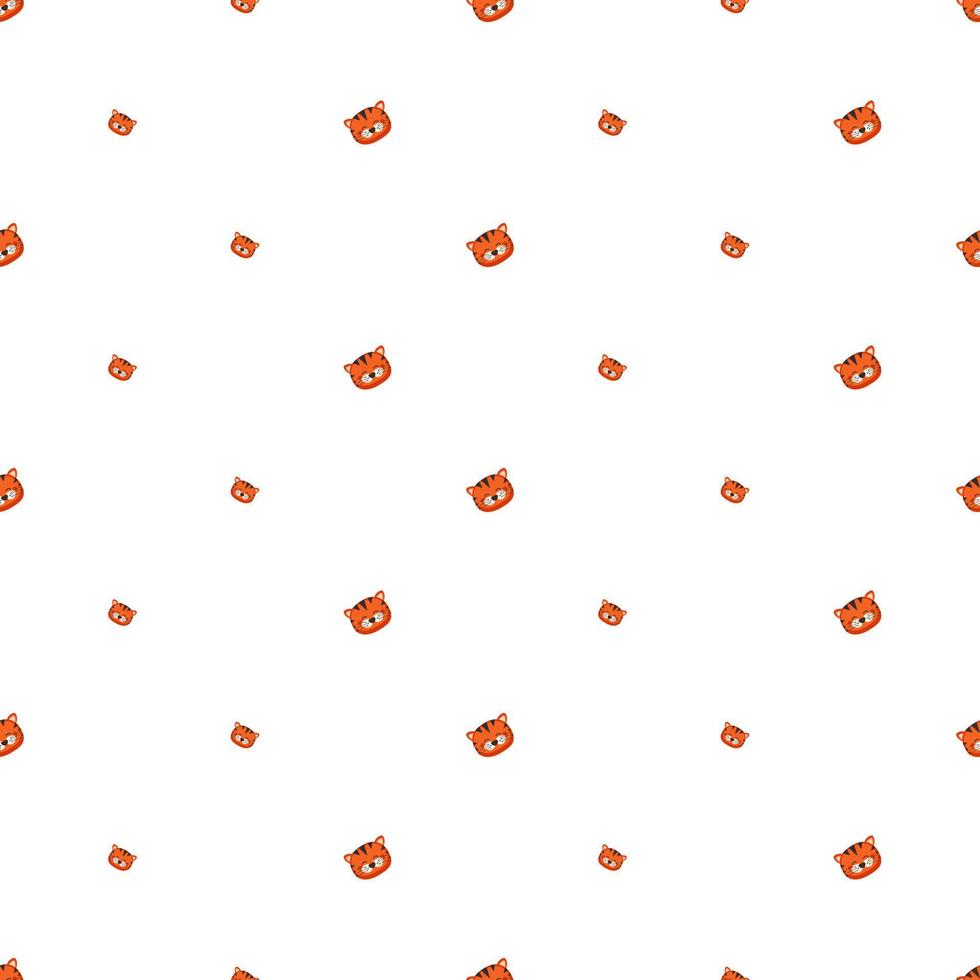 Seamless pattern with cute tiger in childish style with smile muzzle and eyes on wite background. Funny print of wild animal with happy face. Vector flat illustration for holidays