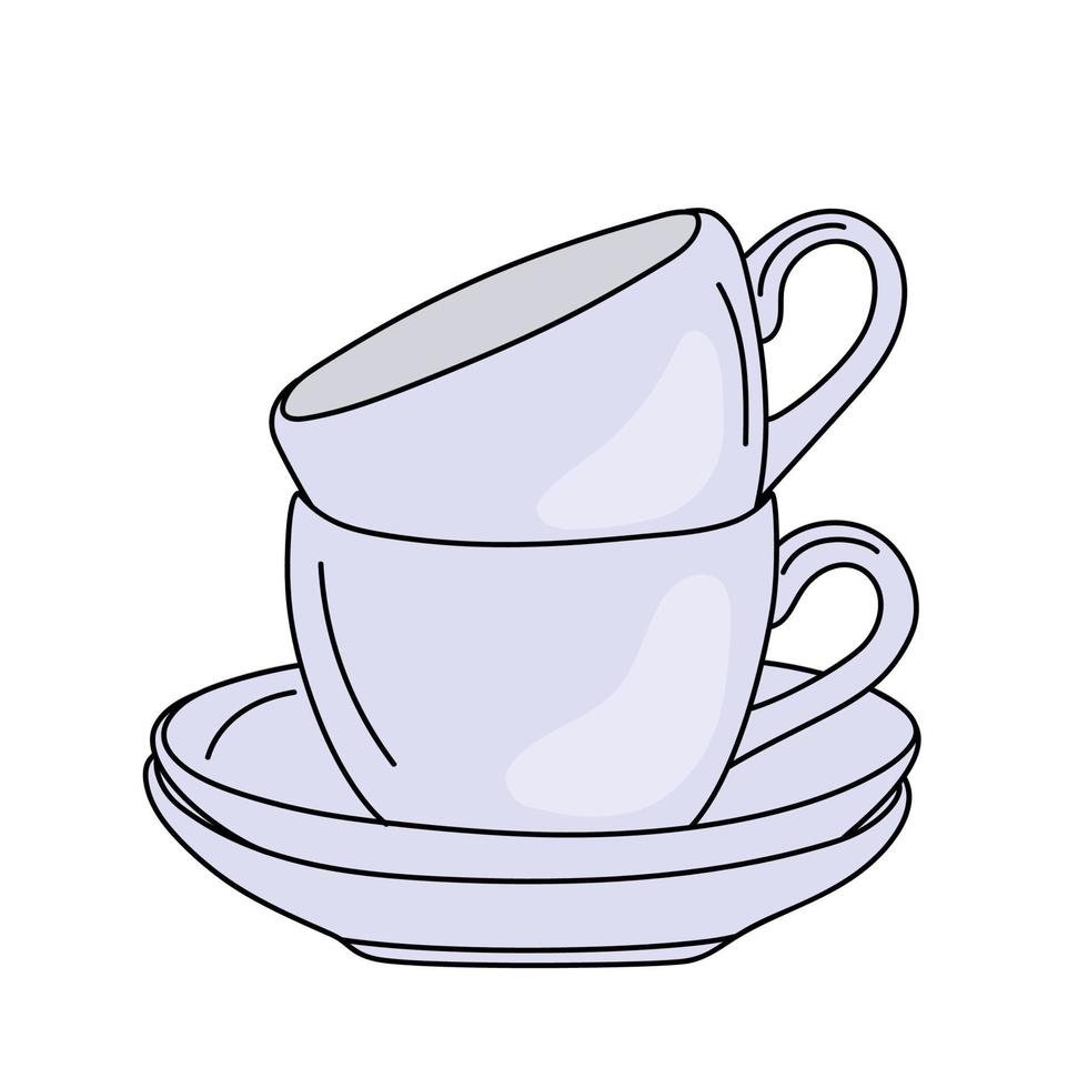 Hand drawn ceramic cups and saucers. vector