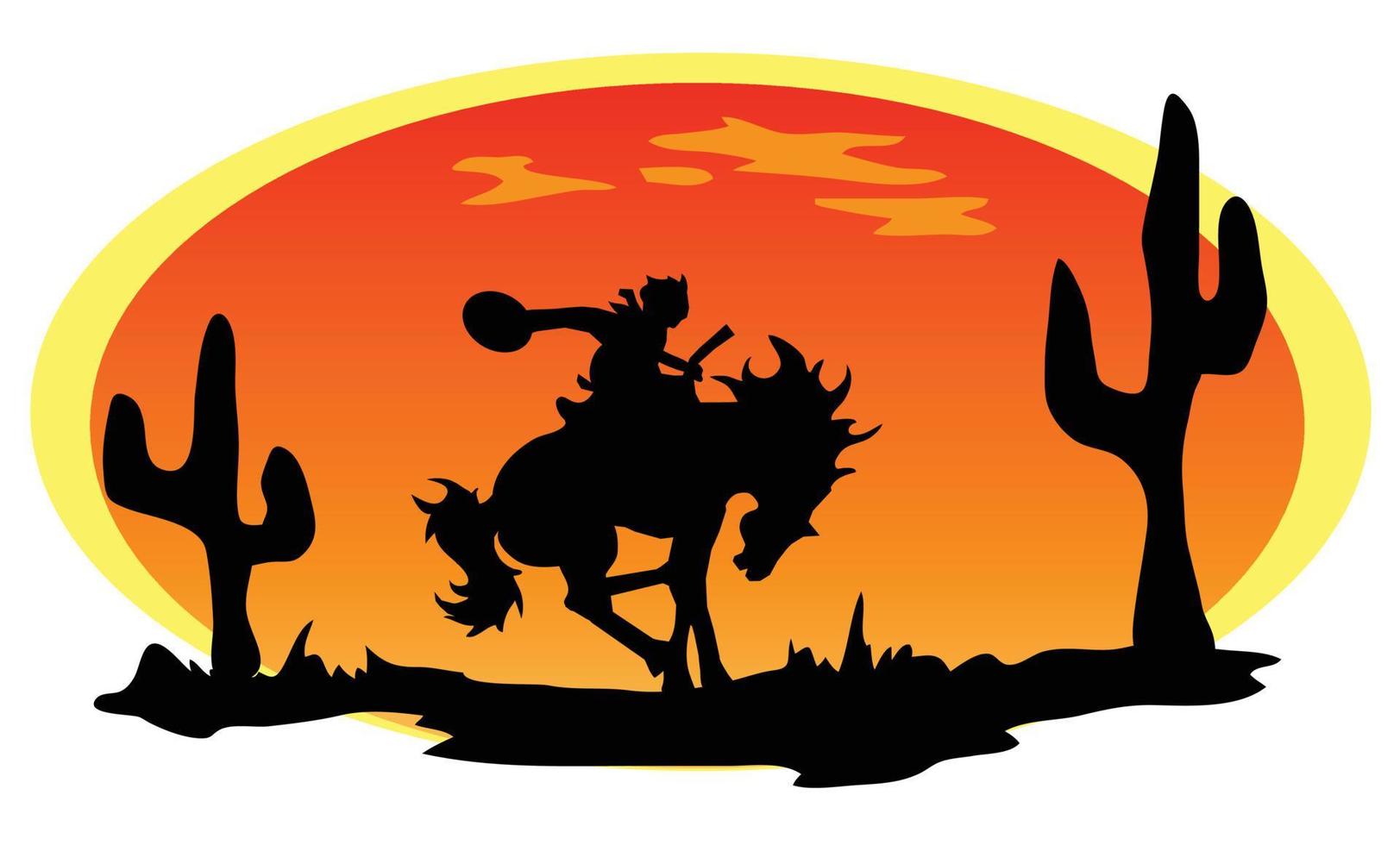 hombre con silueta de puesta de sol de caballo en un desierto y cactus. vector