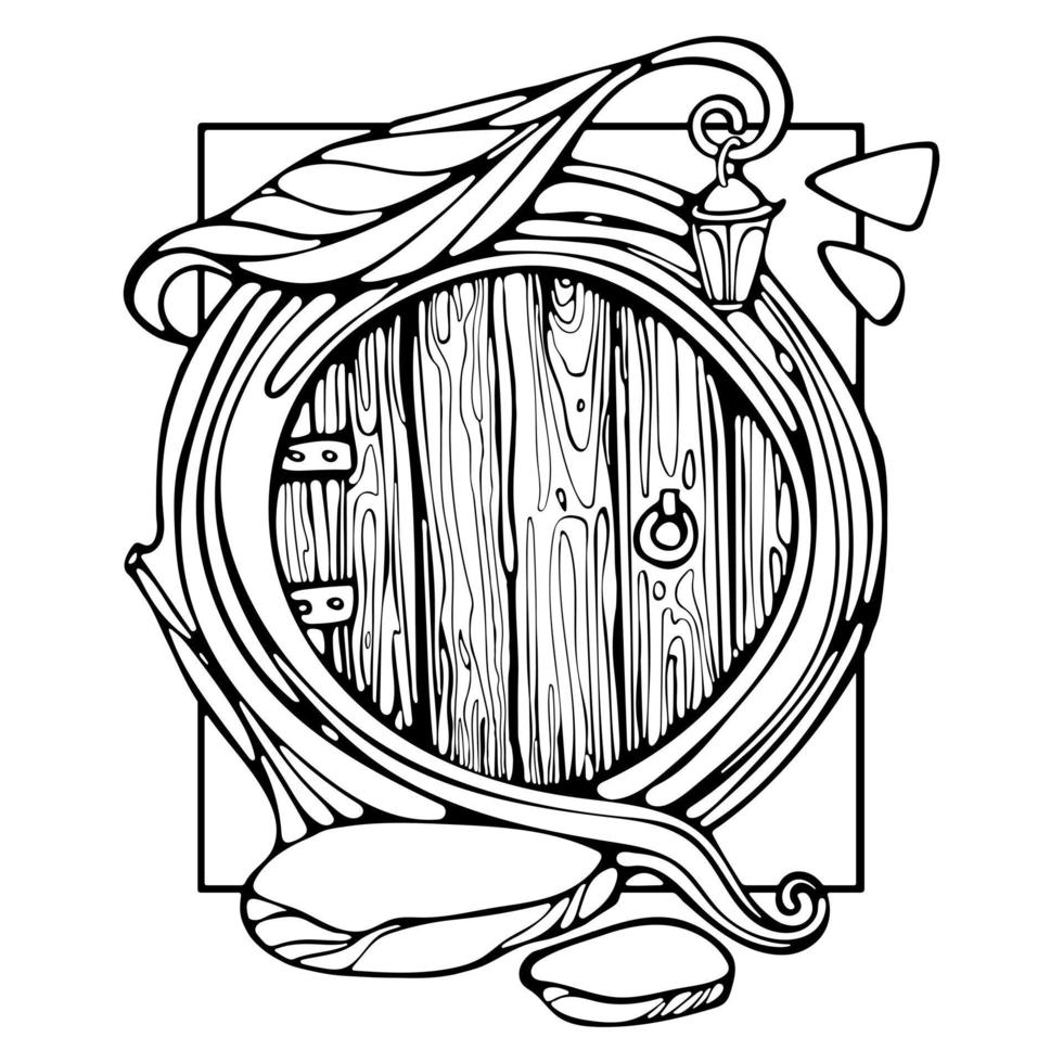 garabato de contorno de puerta redonda de madera y piedra de dibujos animados. puerta de hadas para colorear ilustración vectorial del libro vector