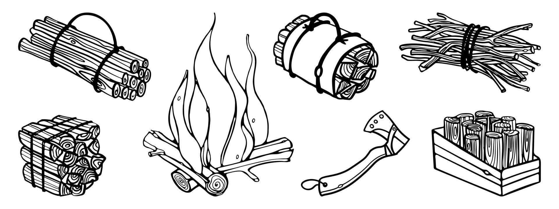 Bundle of firewood Set outline doodle vector illustration. Campfire and axe. Branches and firewood tied with rope. Wood Heating concept