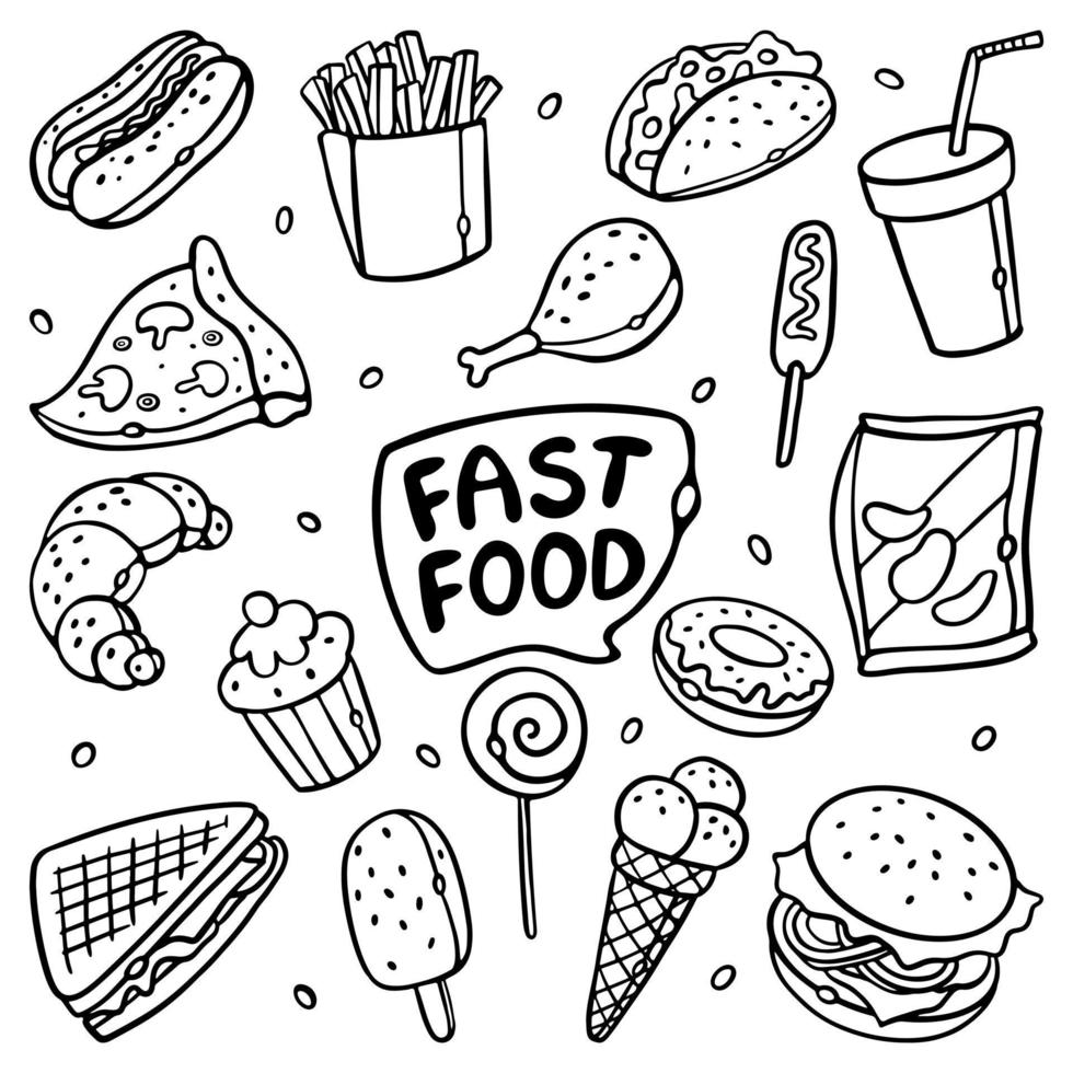 Fast Food outline doodle cartoon Set Vector Illustration. Street Food Concept