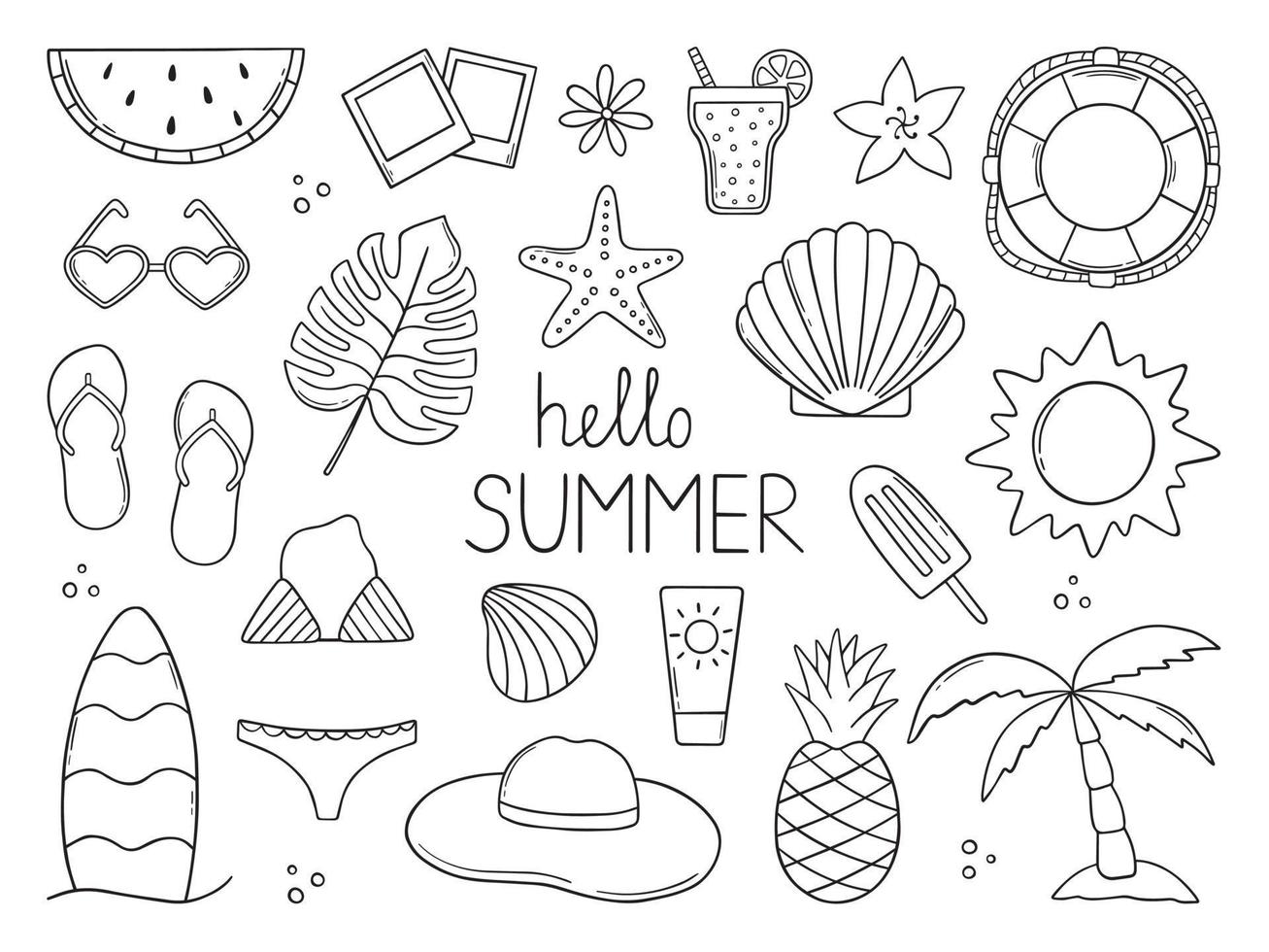 Set of summer doodle.  Summer beach elements in sketch style. Hand drawn vector illustration isolated on white background.