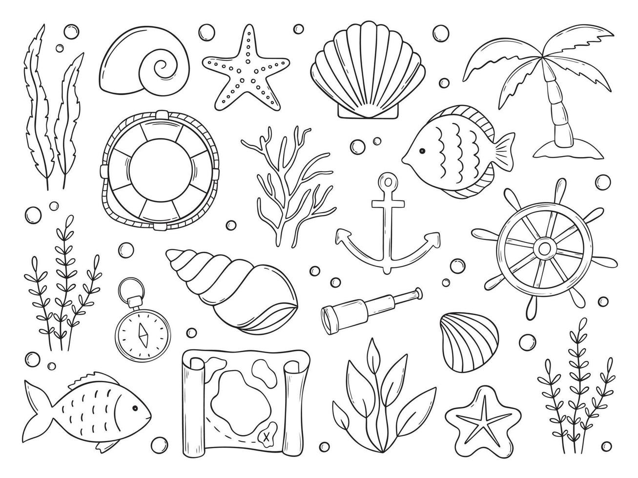 Hand drawn set of sea doodle. Marine elements. Shells, fish, seaweed, anchor and  lifebuoy in sketch style. Vector illustration isolated on white background.