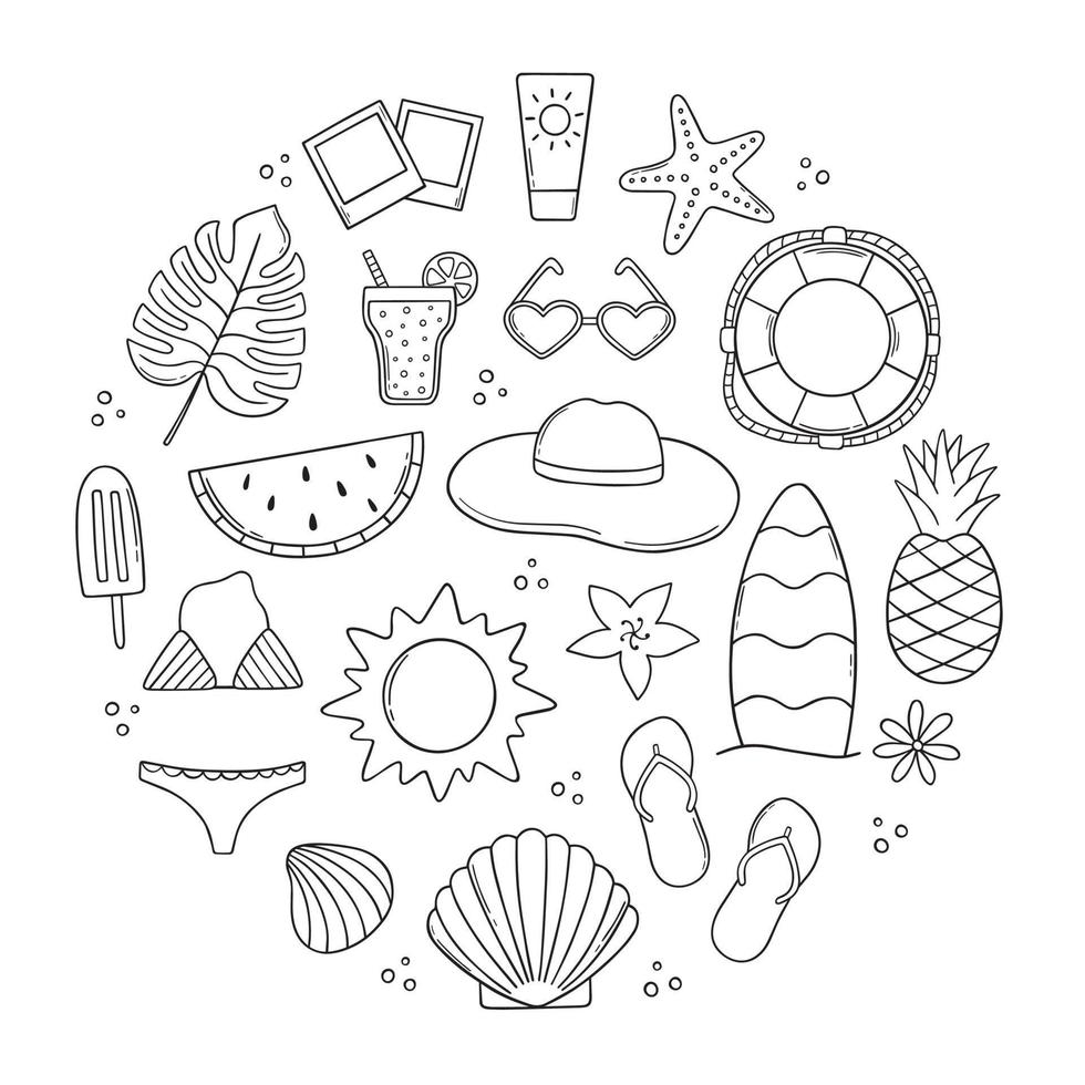 conjunto dibujado a mano de garabato de verano. elementos de playa de verano en estilo boceto. ilustración vectorial aislado sobre fondo blanco. vector