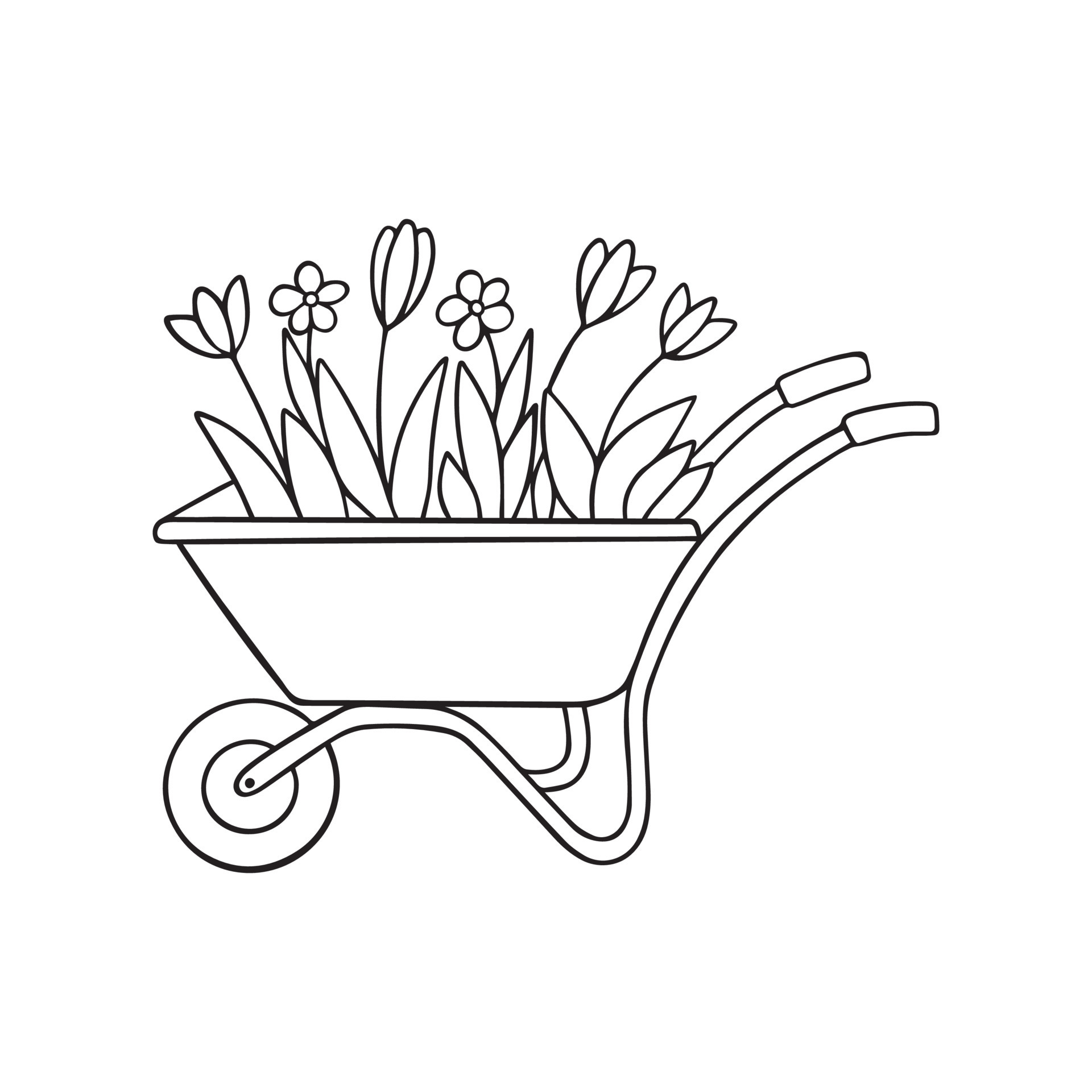 Hand drawn garden wheelbarrow with flowers doodle. Garden equipment in ...