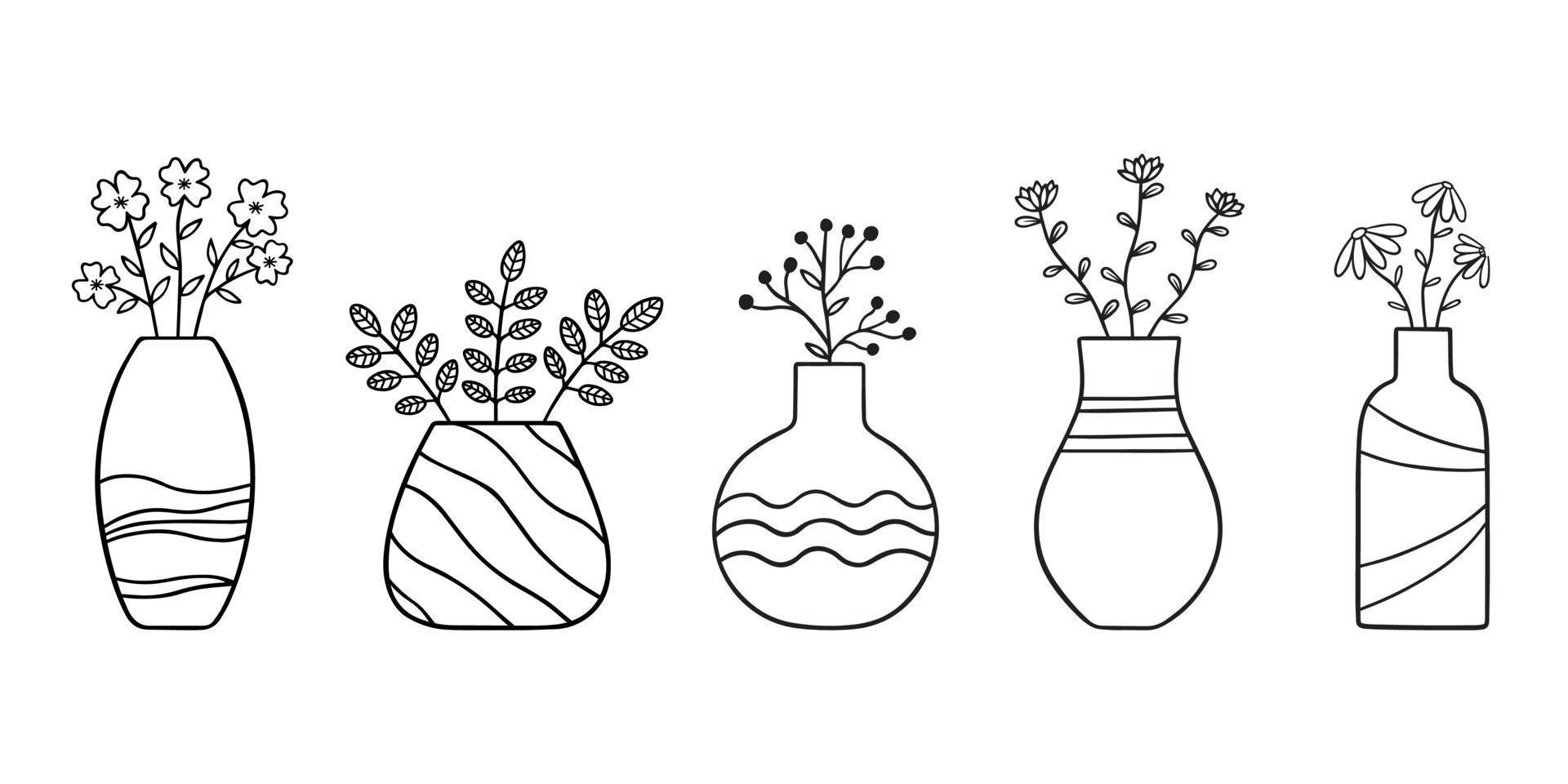 Hand drawn set of flowers and branches in a vase. doodle.  Home plants in sketch style.  Vector illustration isolated on white background.
