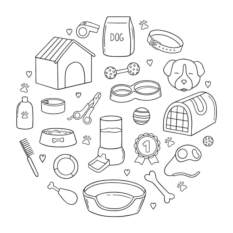 conjunto dibujado a mano de doodle de accesorios para perros y mascotas