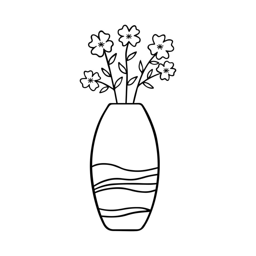 Hand drawn flowers in a vase doodle.  Home plants in sketch style.  Vector illustration isolated on white background.