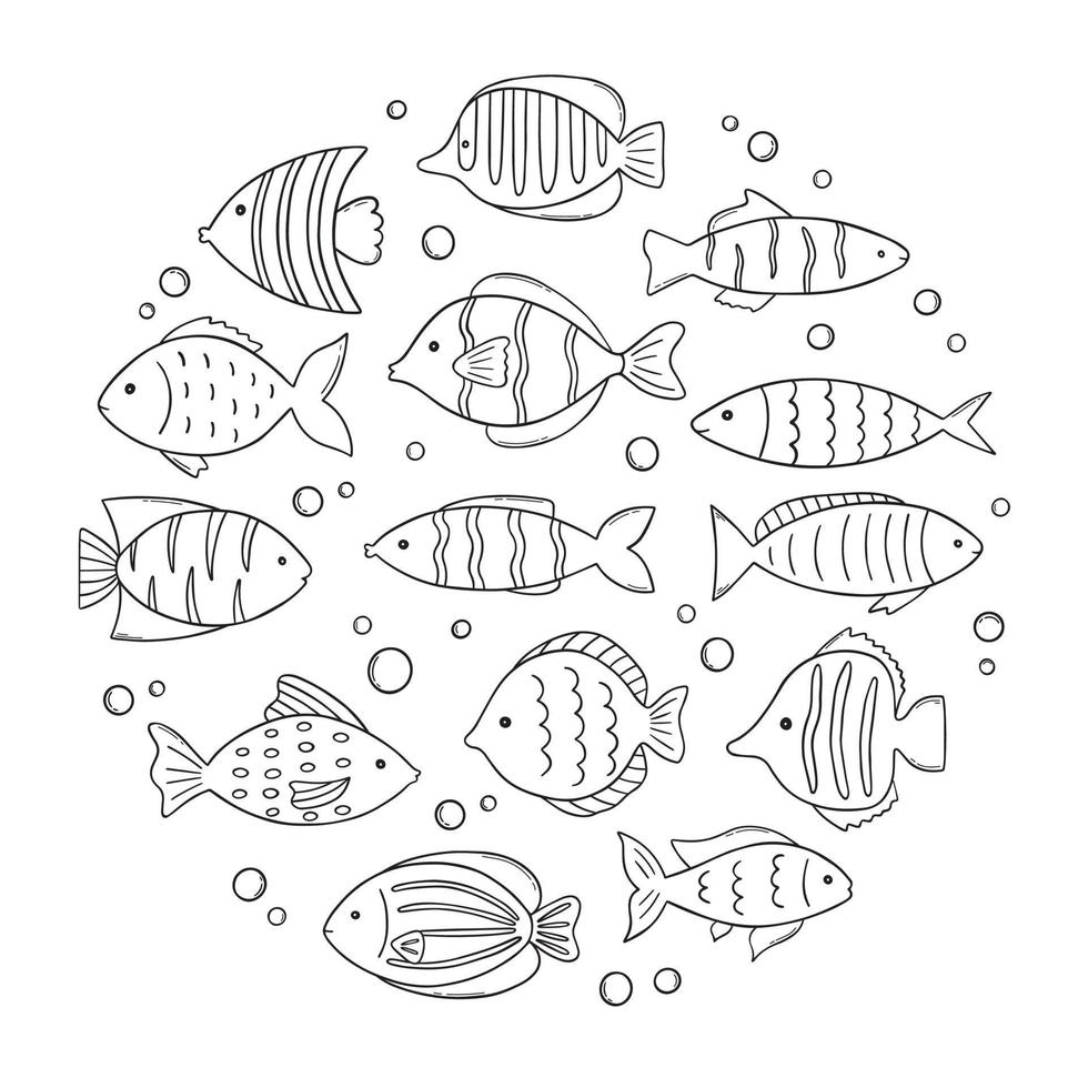 Set of cute sea fish doodle. Underwater world in sketch style. Hand drawn vector illustration isolated on white background.
