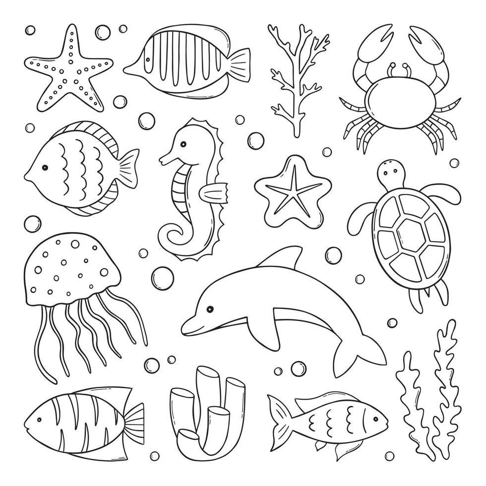 Hand drawn set of Fish and wild marine animals doodle. Sea life. Turtle,  dolphin, crab, starfish, corals and seaweed in sketch style. Vector  illustration isolated on white background. 7506420 Vector Art at