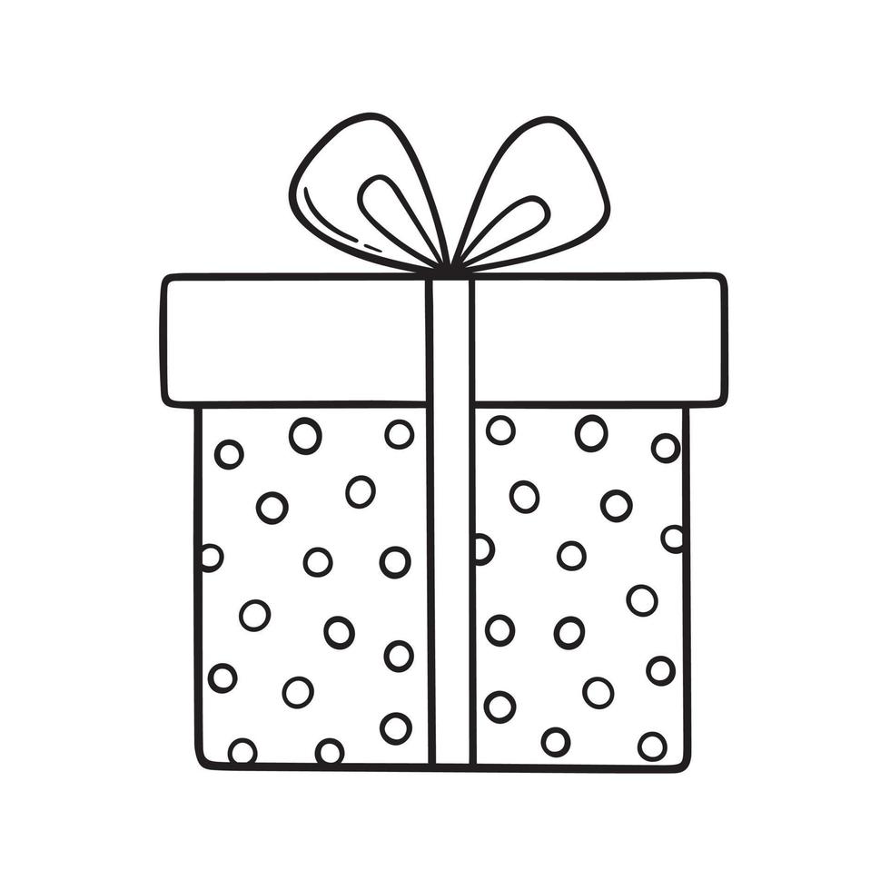 Hand drawn gift box doodle.  Present box with bow and ribbon in sketch style. Vector illustration isolated on white background.