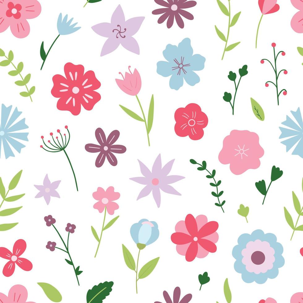 Hand drawn seamless pattern of flowers and branches. Floral and herbal elements in cartoon style. Vector illustration.