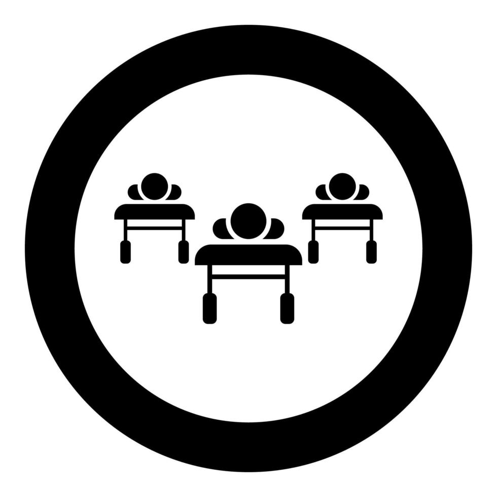 Patients on couches is lying hospital pandemic concept clinic epidemic icon in circle round black color vector illustration image solid outline style