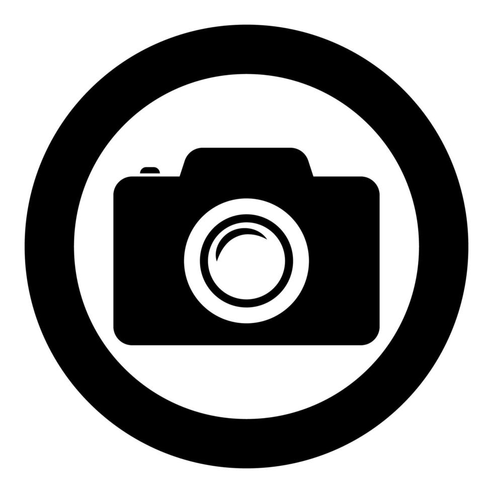 Camera photo icon in circle round black color vector illustration image
