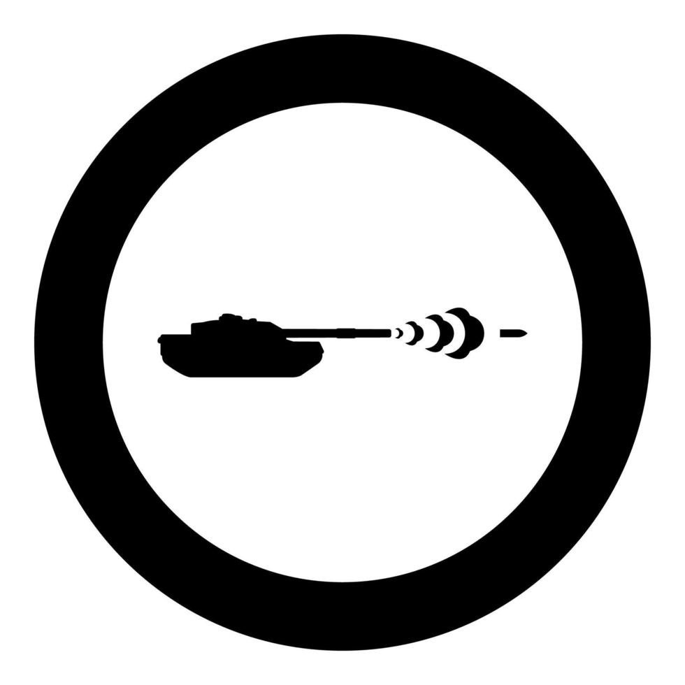 Tank shooting projectile shell military smoking after shot war battle concept icon in circle round black color vector illustration image solid outline style
