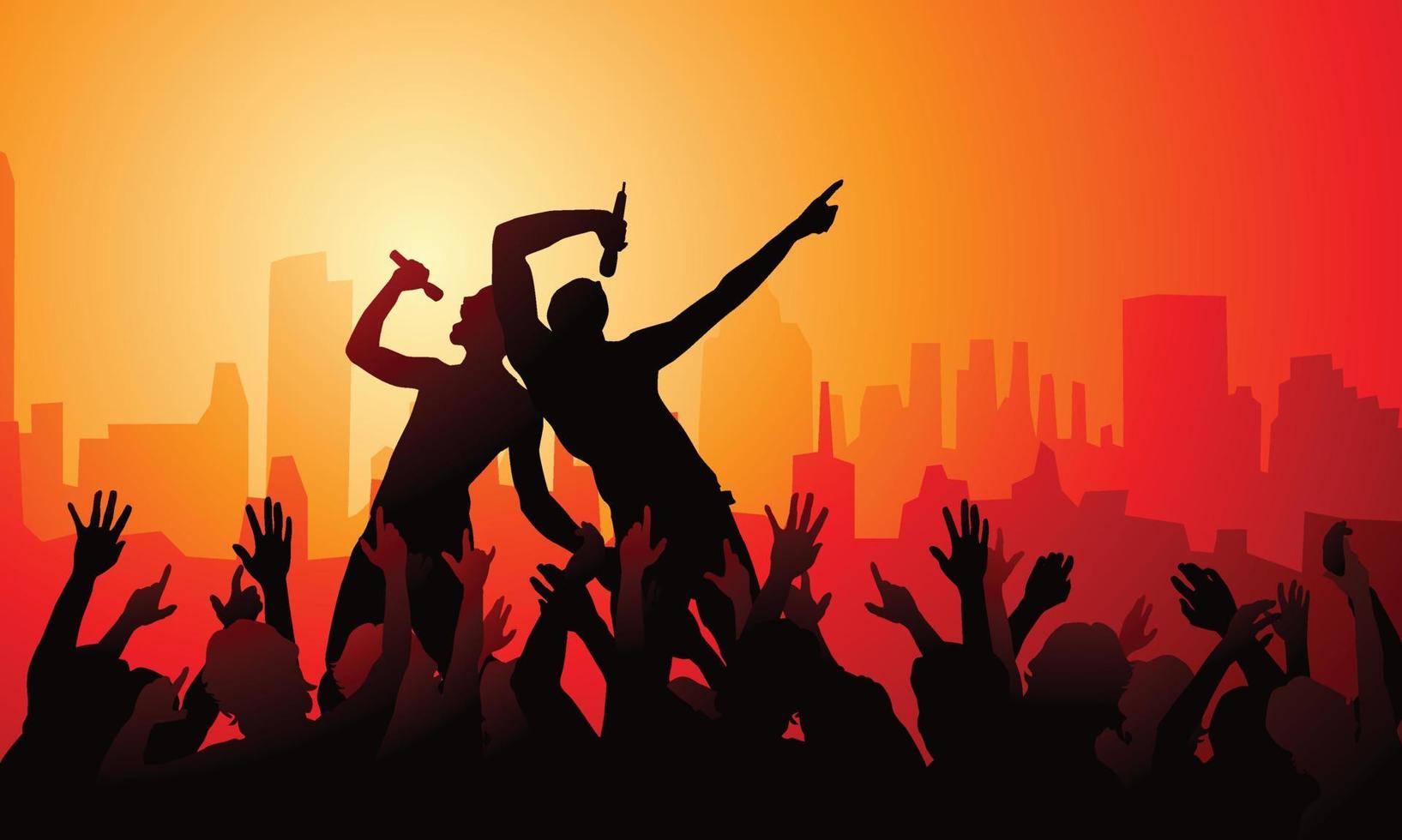 silueta de un concierto de música con músicos cantando en el escenario y animando a la audiencia en la ciudad y el fondo de la puesta de sol vector