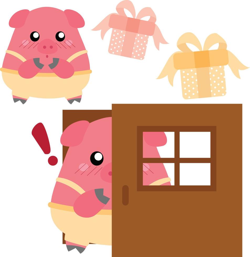 Boy pig hiding with gift vector