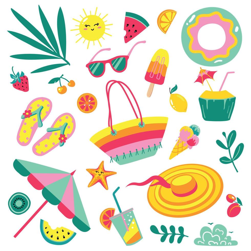 Set of cute summer icons vector