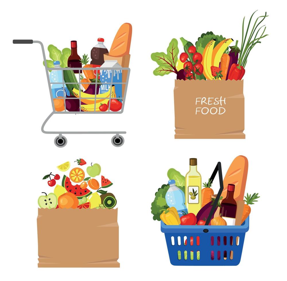 Shopping cart, food baskets. Sets for grocery shopping. vector