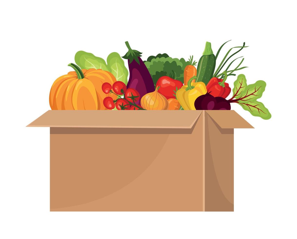 Box with groceries, fresh vegetables. Vector. vector