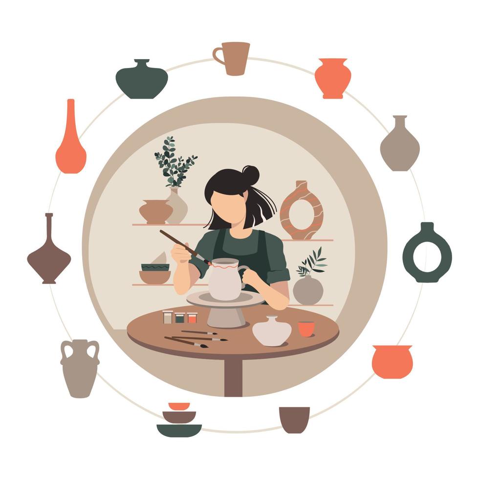 Potter girl. A woman sculpts a clay vase behind a potter's wheel. vector