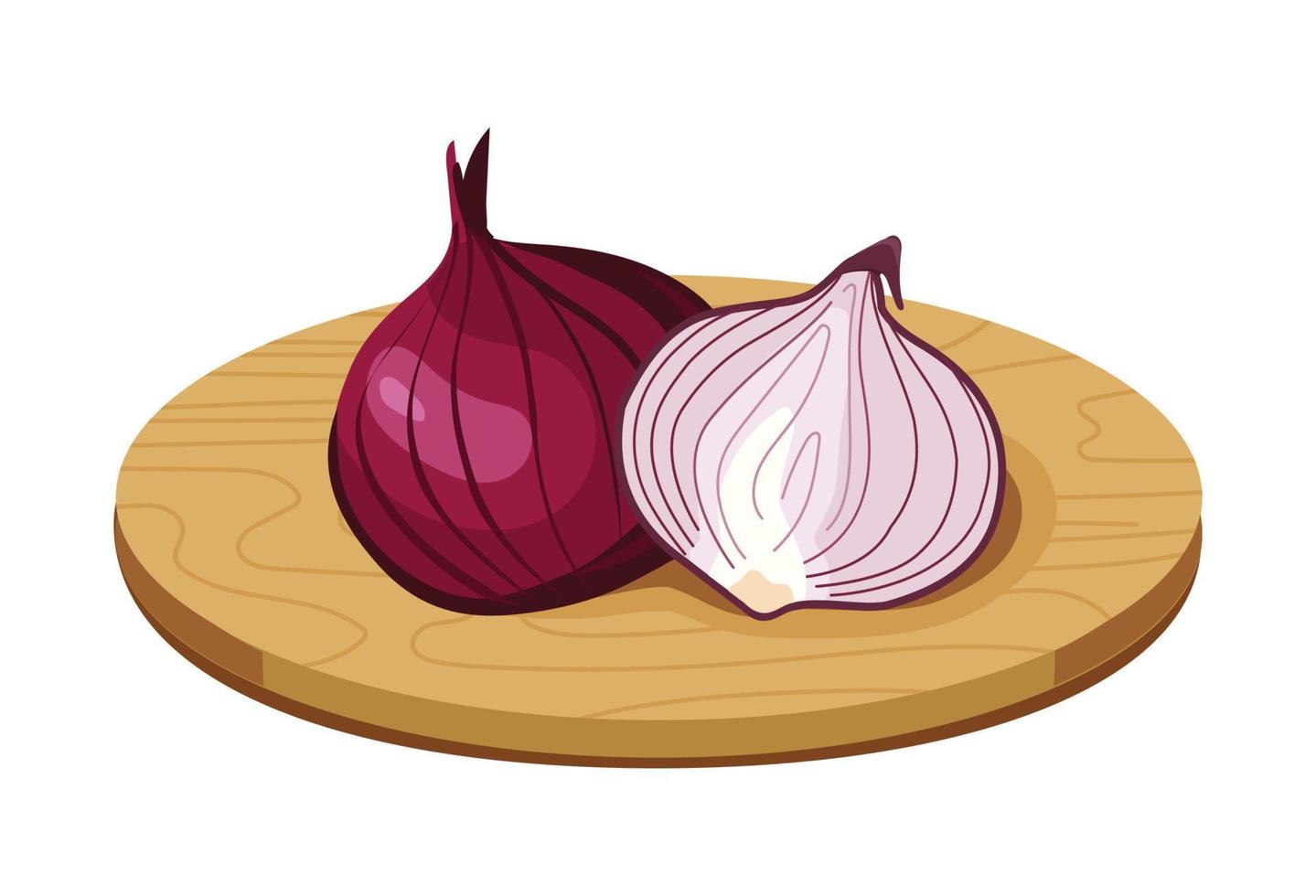 Red onion on wooden board. Wooden plank with fresh vegetable. vector