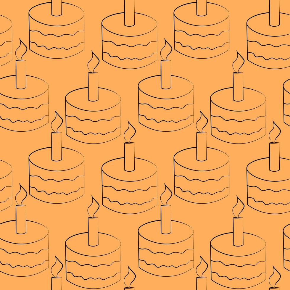Seamless vector pattern with outline orange cake with candle