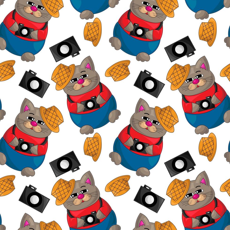 Seamless vector pattern with cat, hat and camera