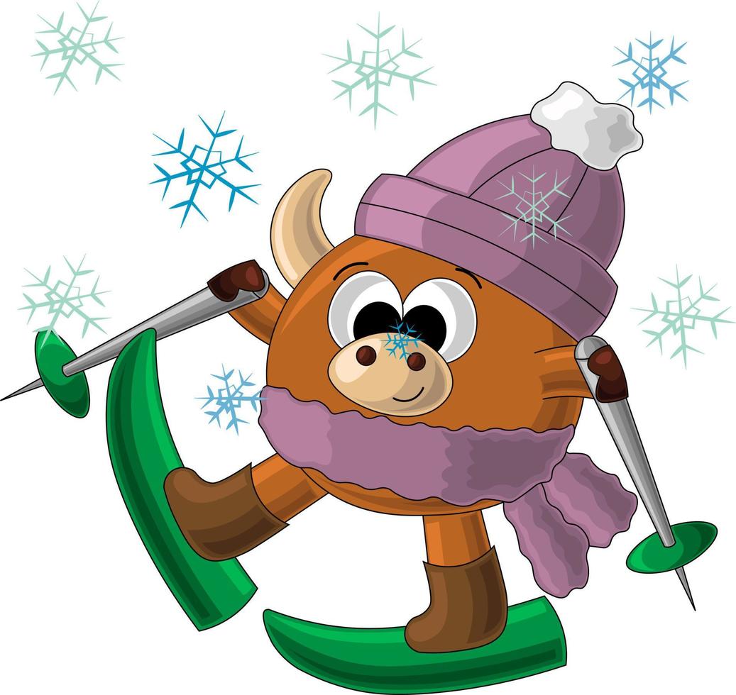 Cute cartoon bull in hat and scarf with skis vector