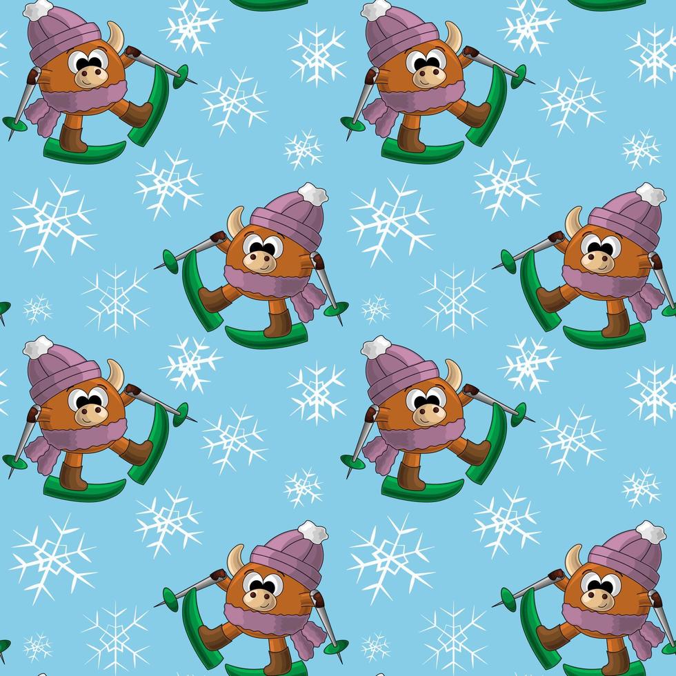 Seamless vector pattern with bull, ski and snowflake