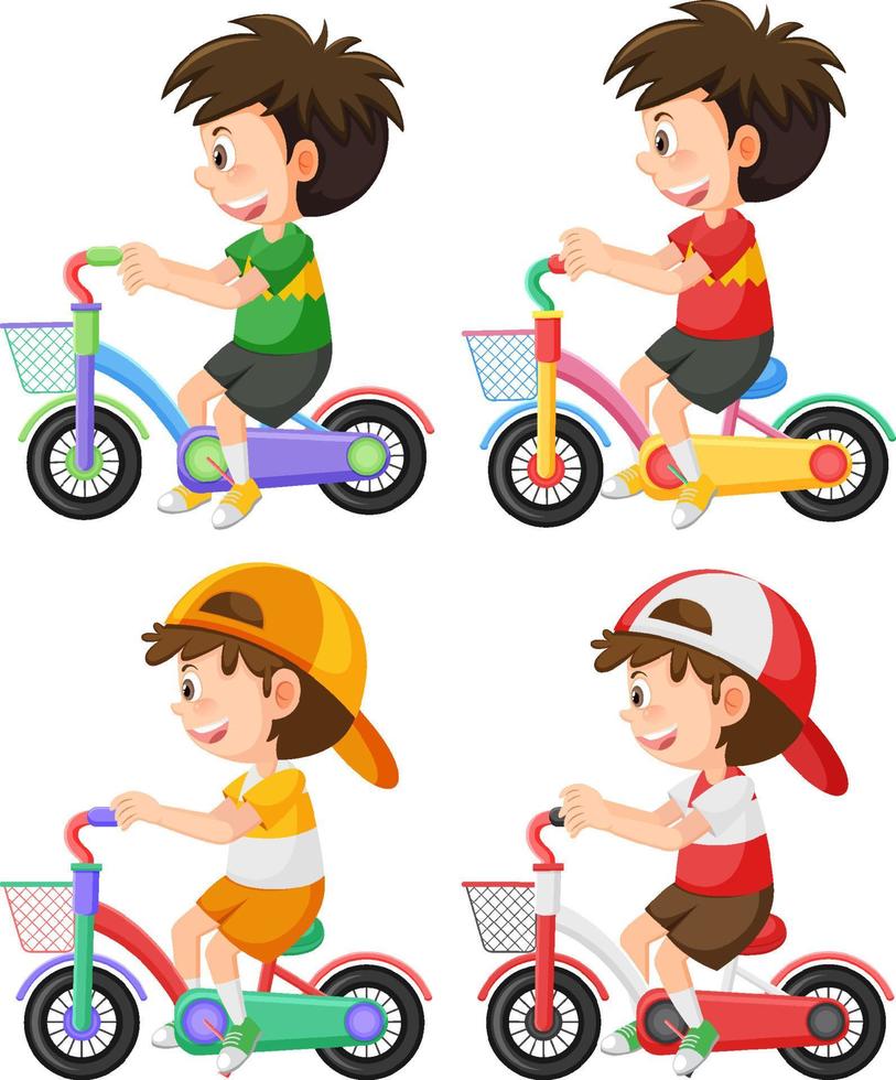 conjunto de diferentes niños montando en bicicleta aislado vector