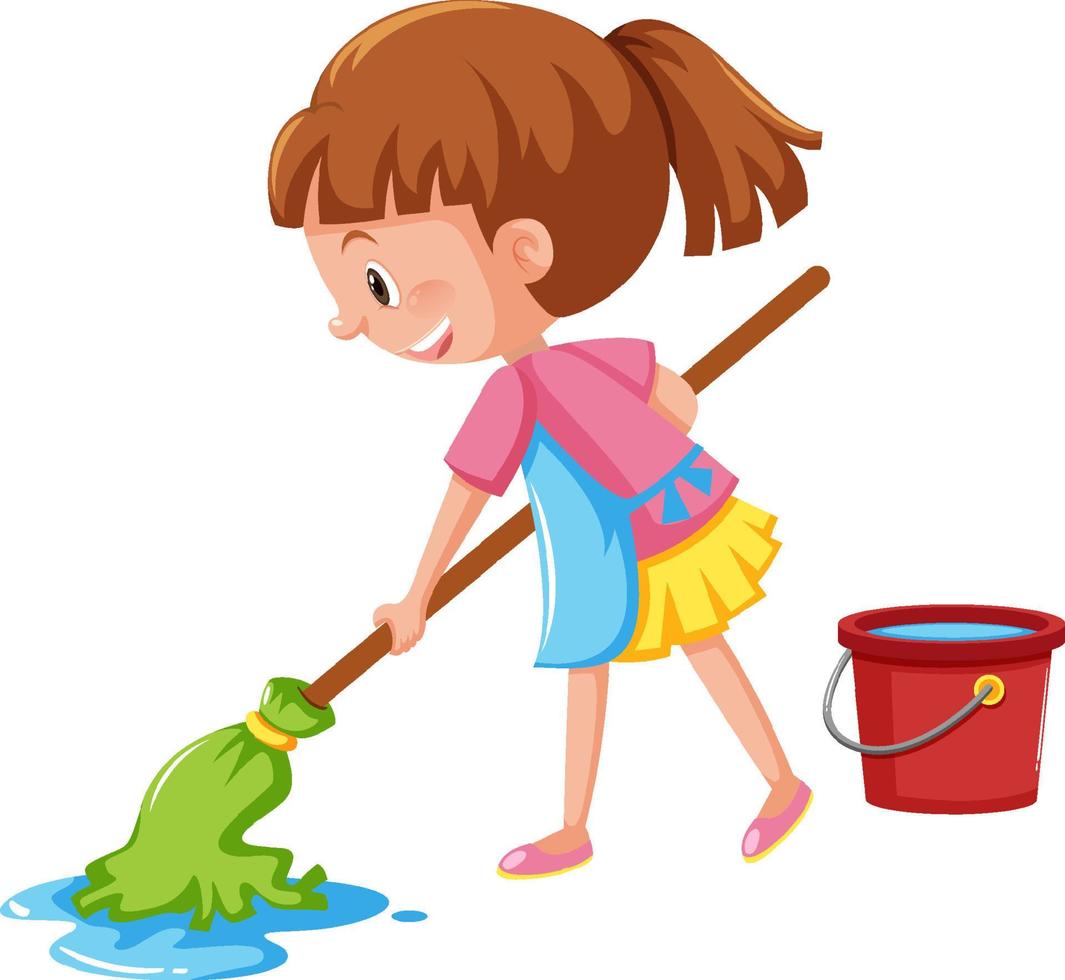 Girl mopping the floor on white background vector