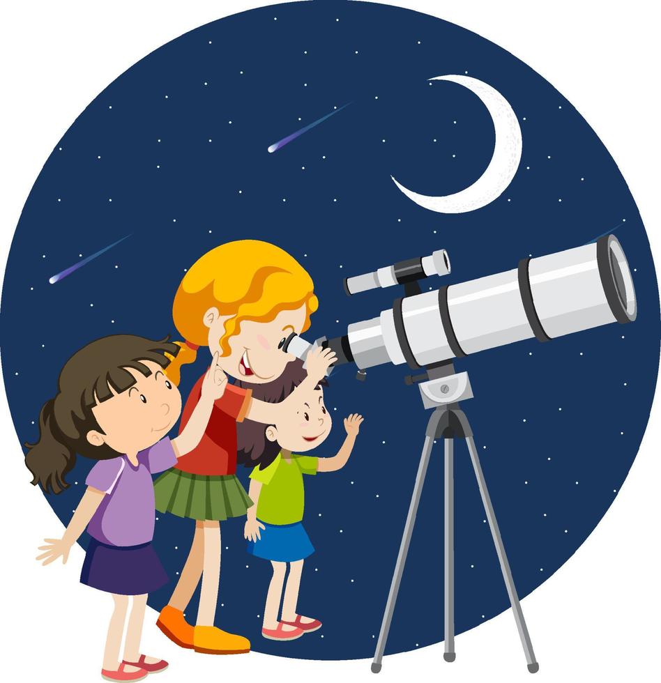 Happy kids observe night sky with telescope vector