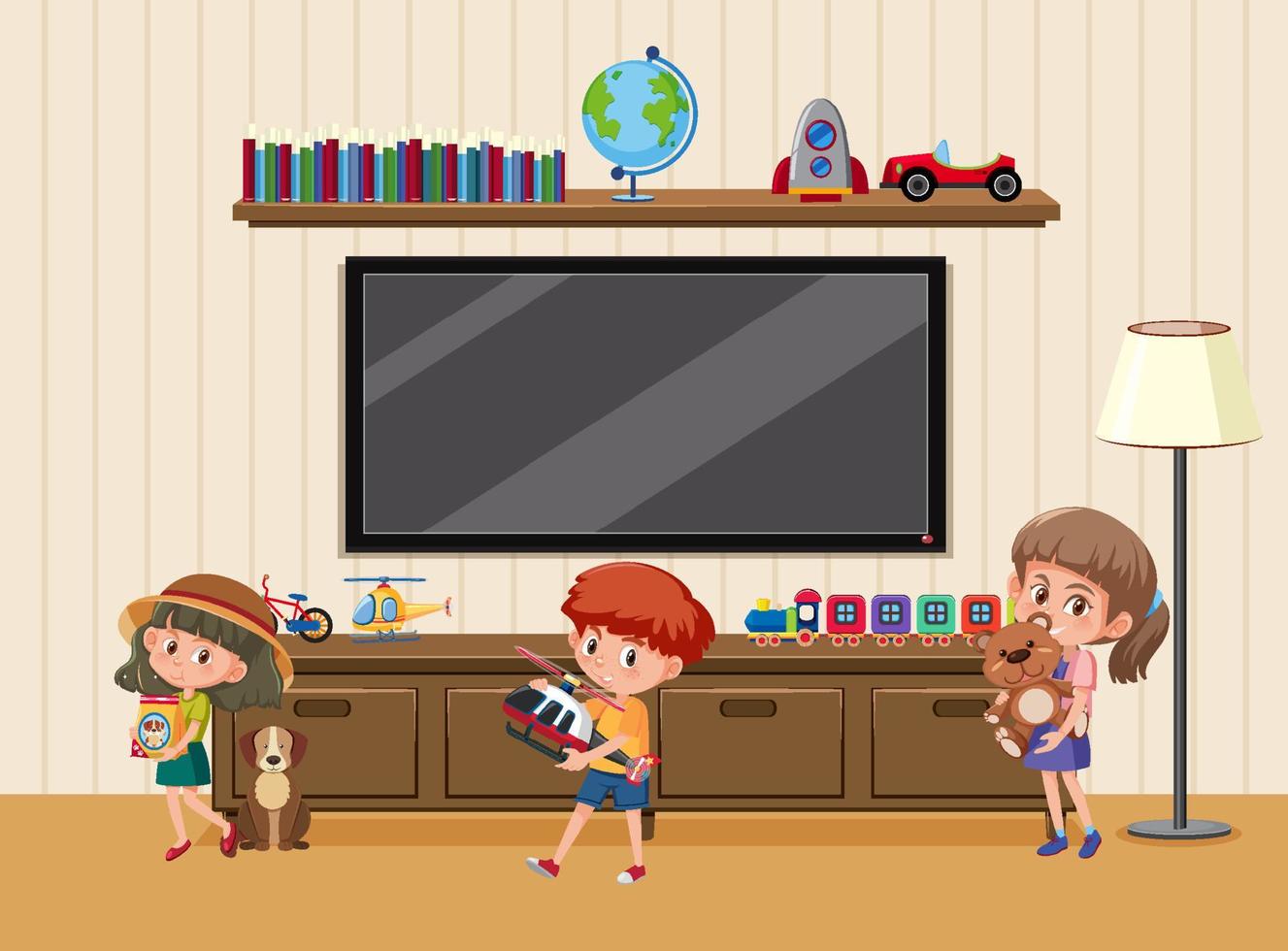 Living room scene with children cartoon character vector
