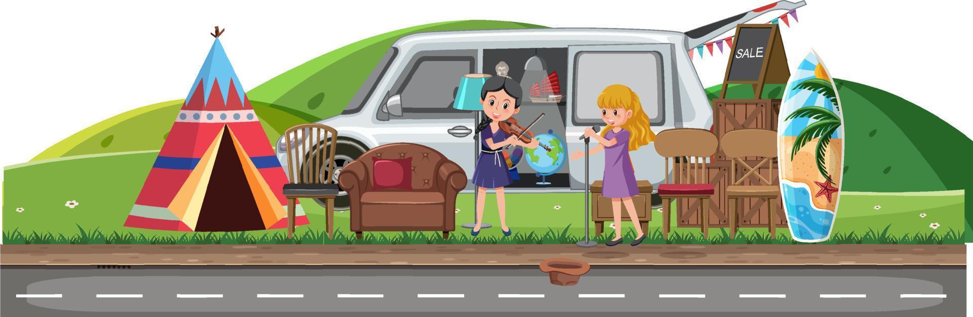 Girls singing at yard sale vector