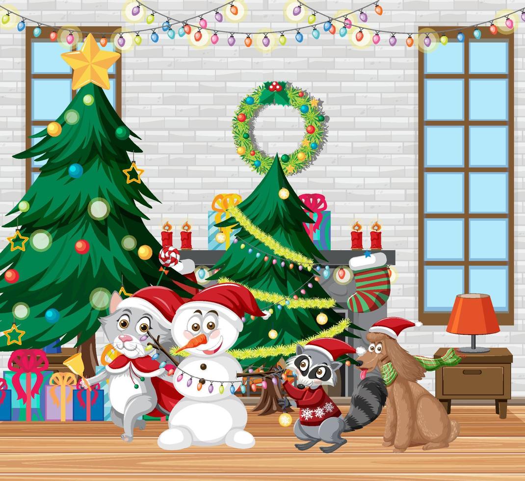 Christmas theme with snowman and animals vector