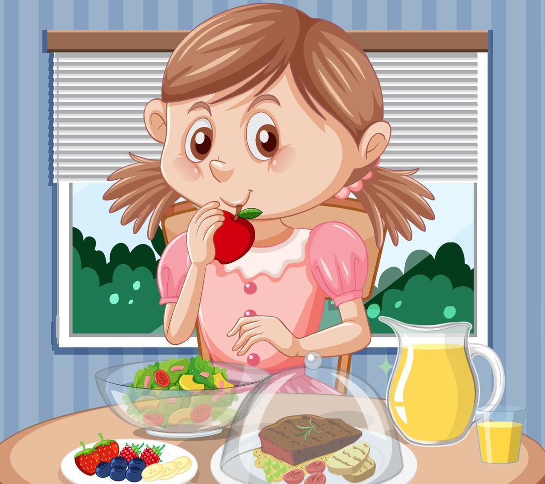 una niña desayunando en la mesa vector