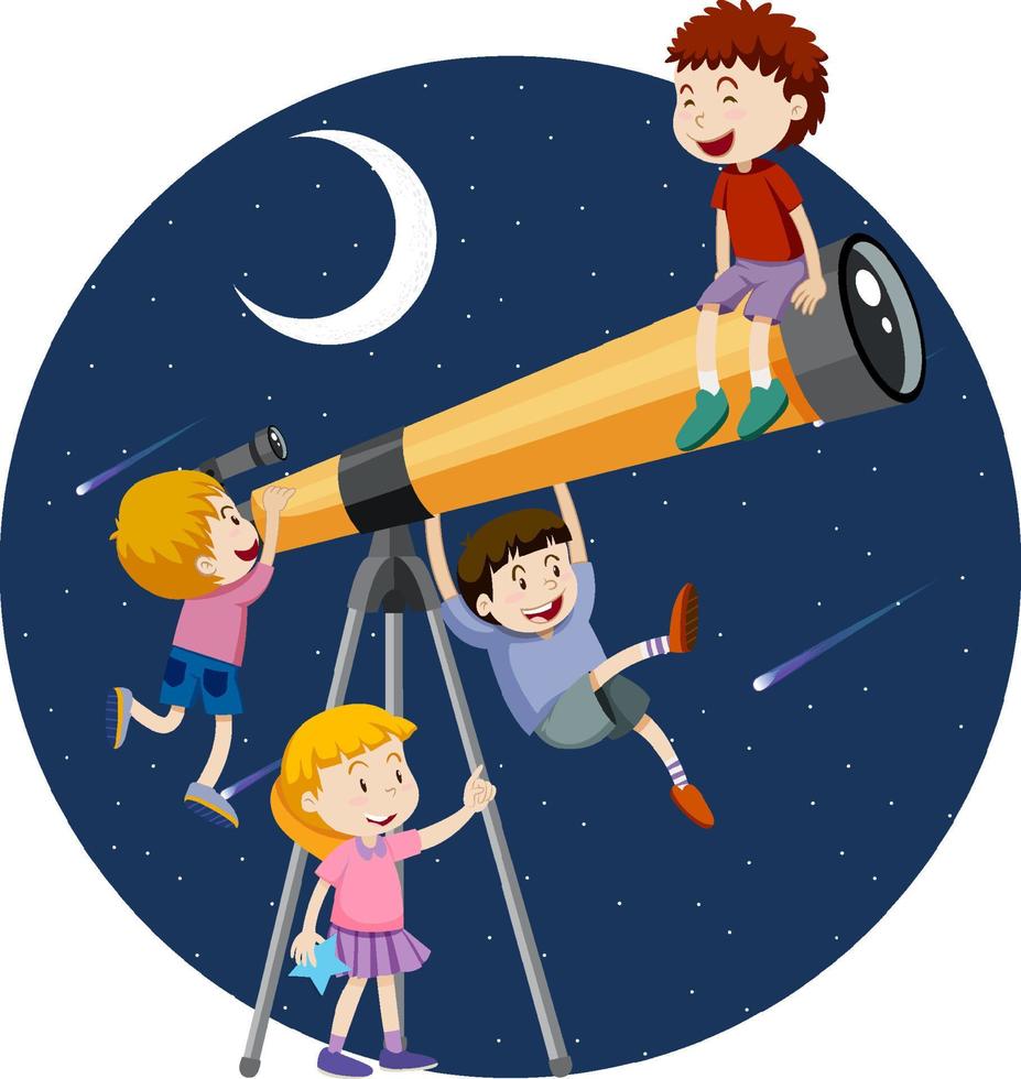 Happy kids and telescope night vector