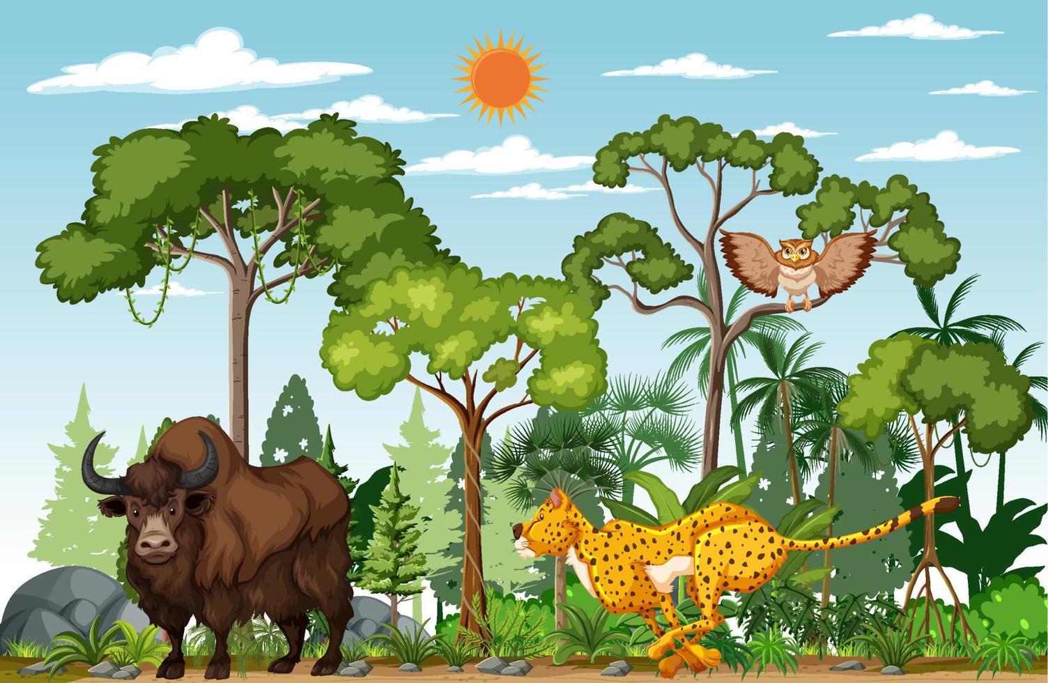 Group of wild animals in nature forest scene vector