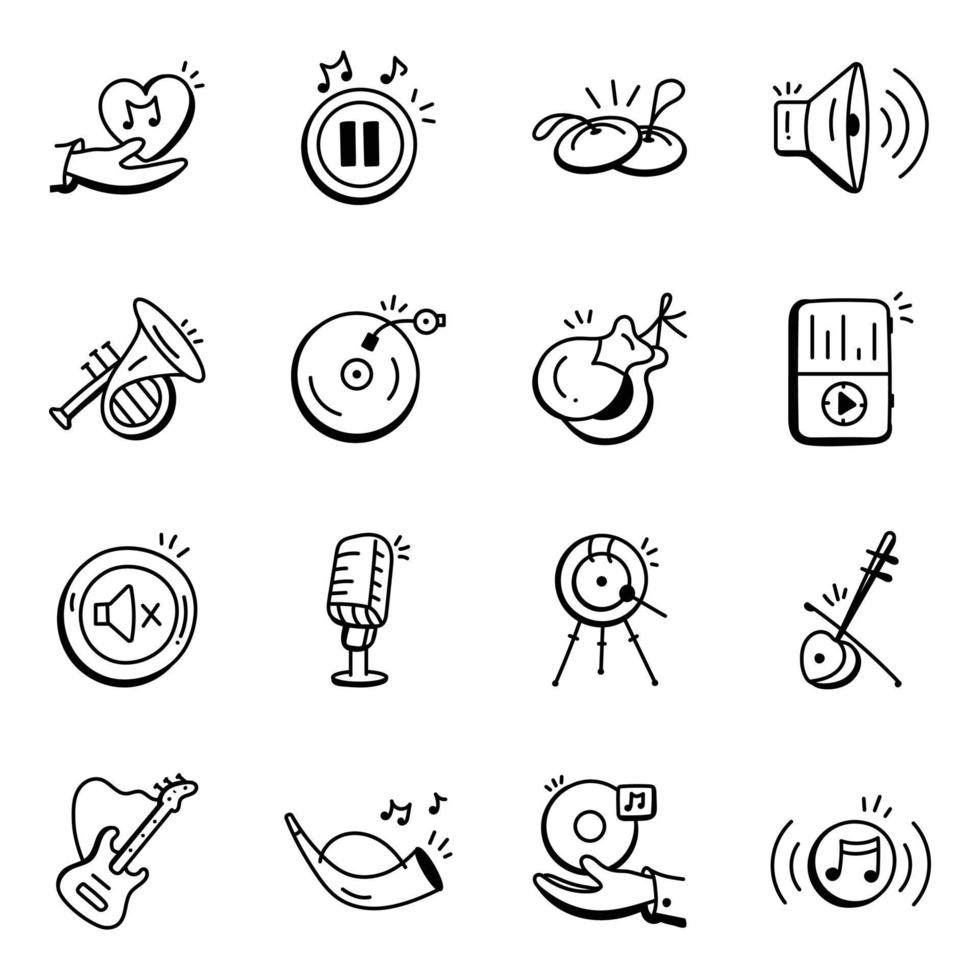 Musical Instruments and Multimedia Doodle Icons vector