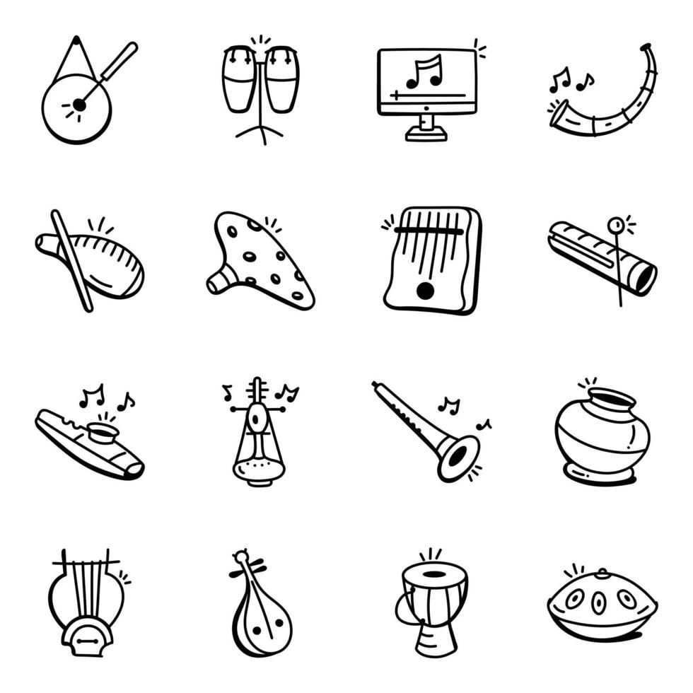 Musical Wooden Instruments Doodle Icons vector