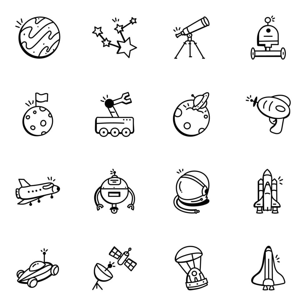 Collection of Space Technology Doodle Icons vector