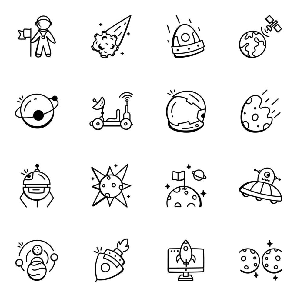 Set of Space and Planets Doodle Icons vector