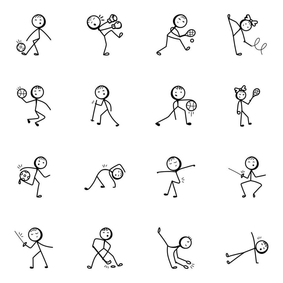 Sports and Games Doodle Stick Figure Icons vector