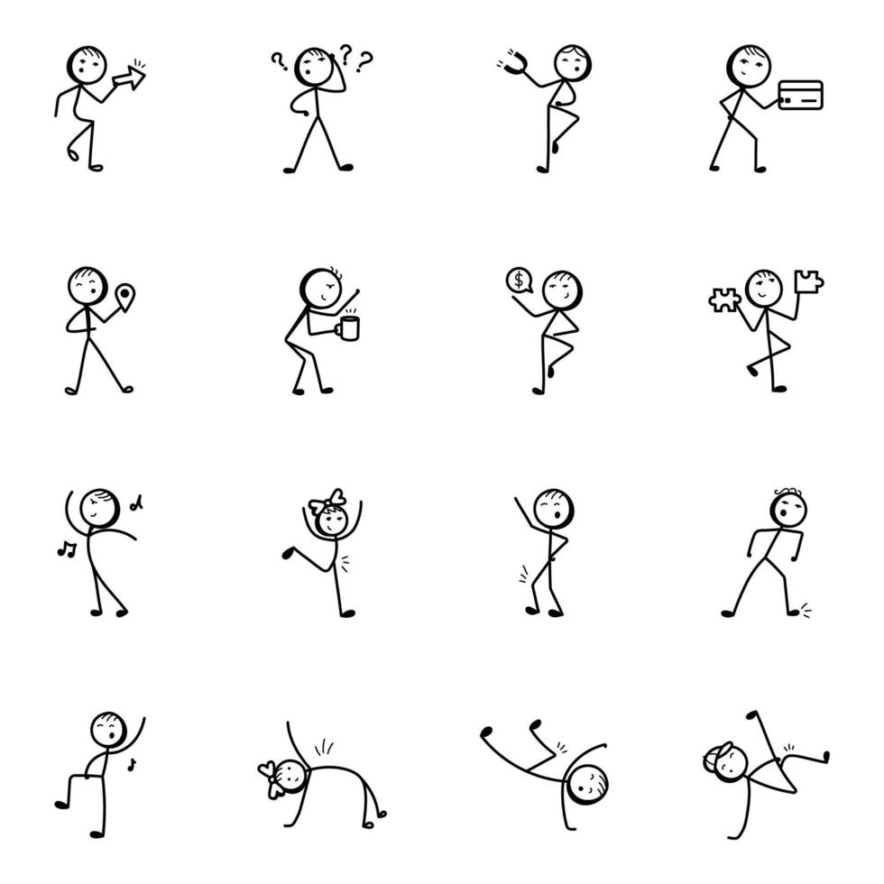 Dancing Stick Figure Hand Drawn Icons vector