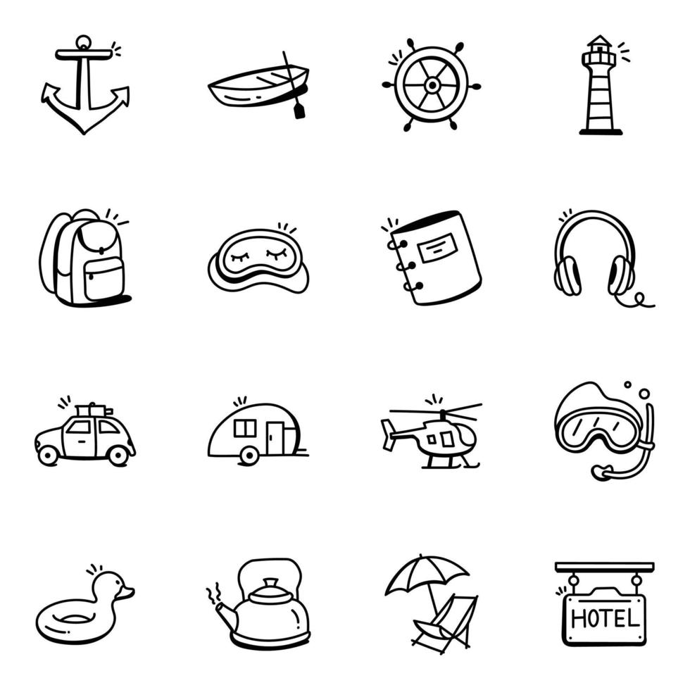 paquete de iconos de doodle de accesorios de viaje vector