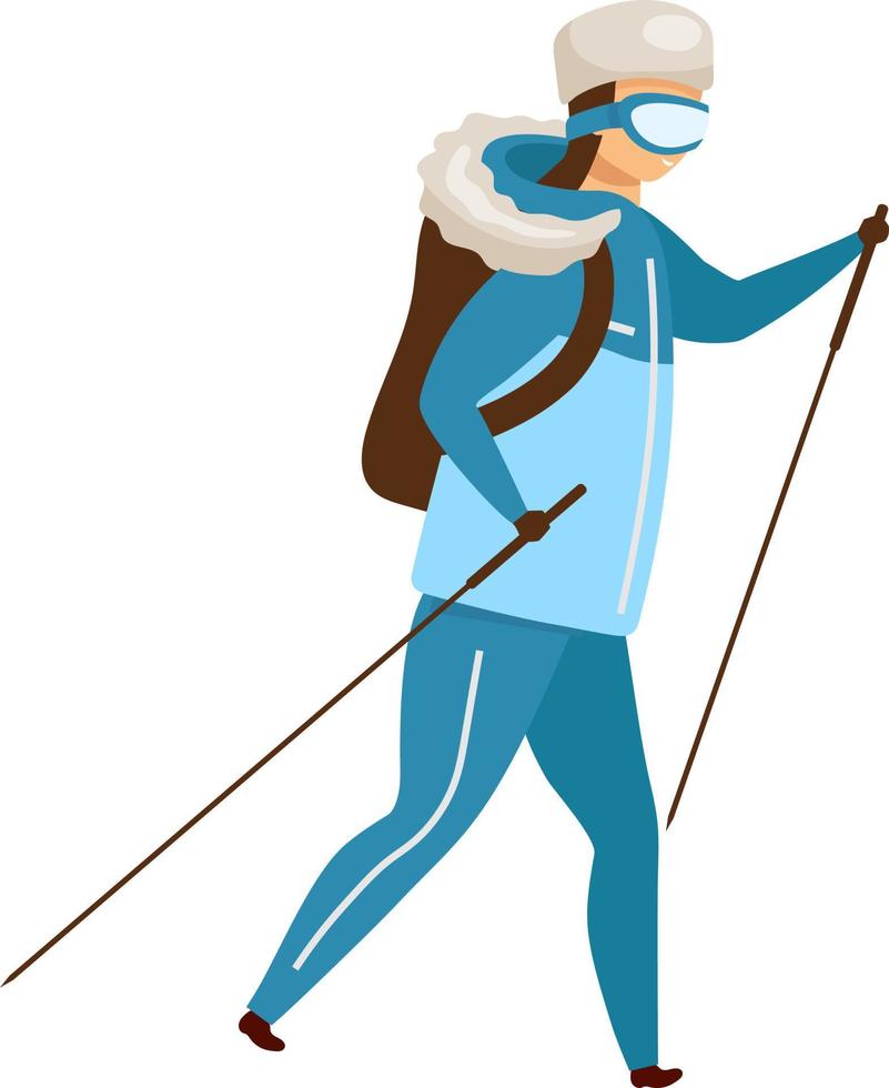 Girl with warm clothes and trekking poles semi flat color vector character