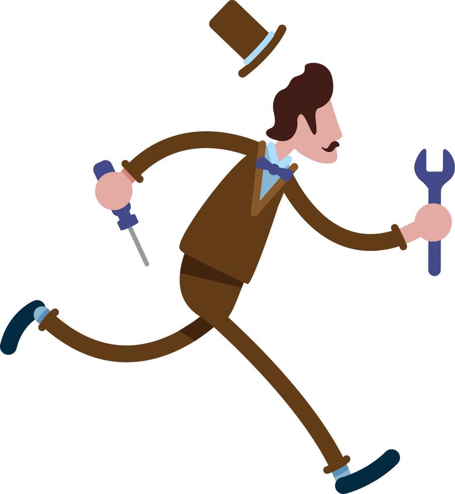 Hurried man with wrench semi flat color vector character