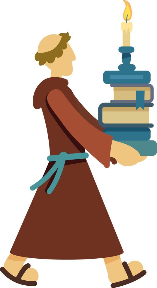 Monk with pile of books semi flat color vector character